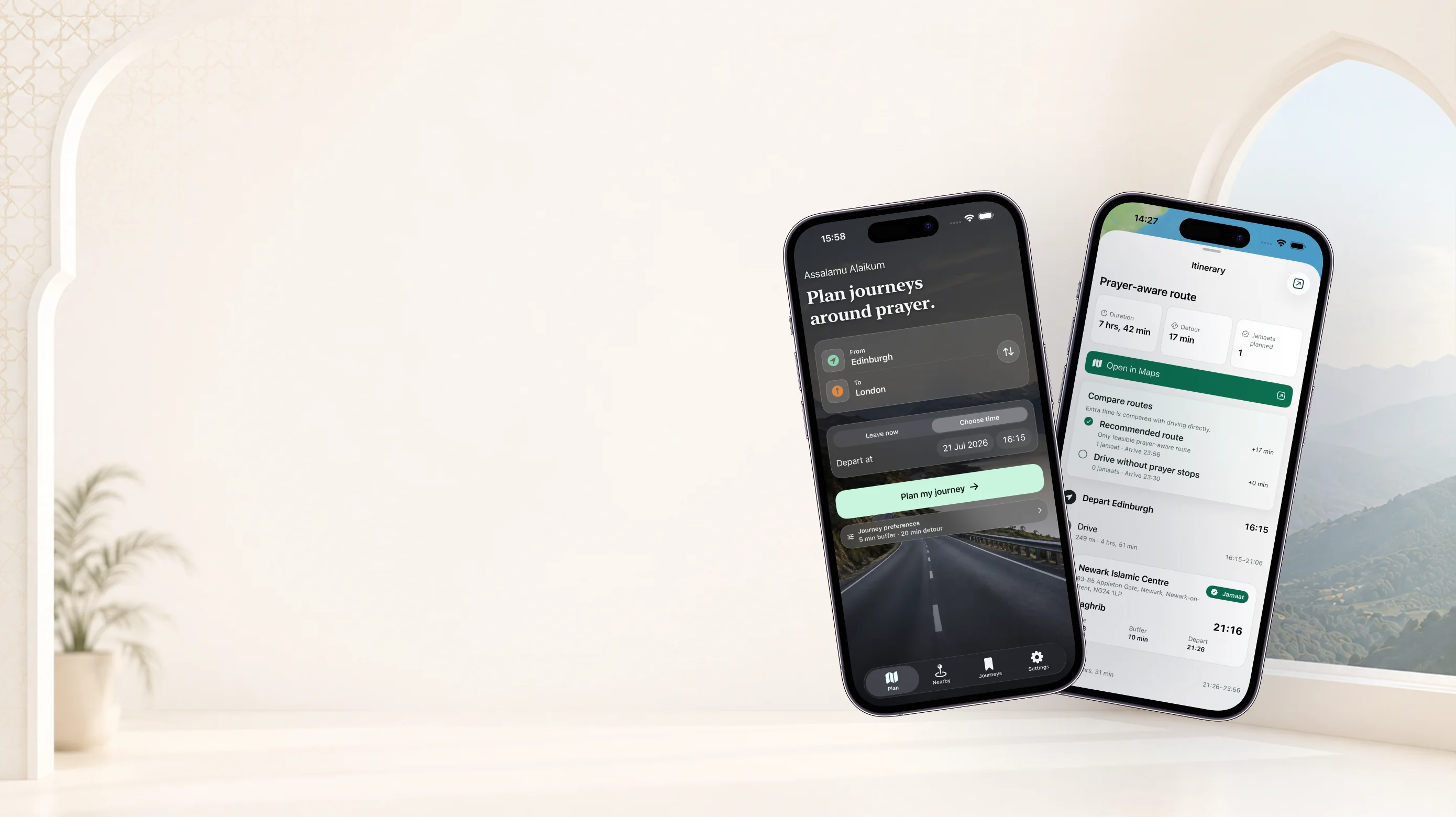 Two Sirat iPhone screens showing journey planning from Edinburgh to London and a prayer-aware route itinerary.