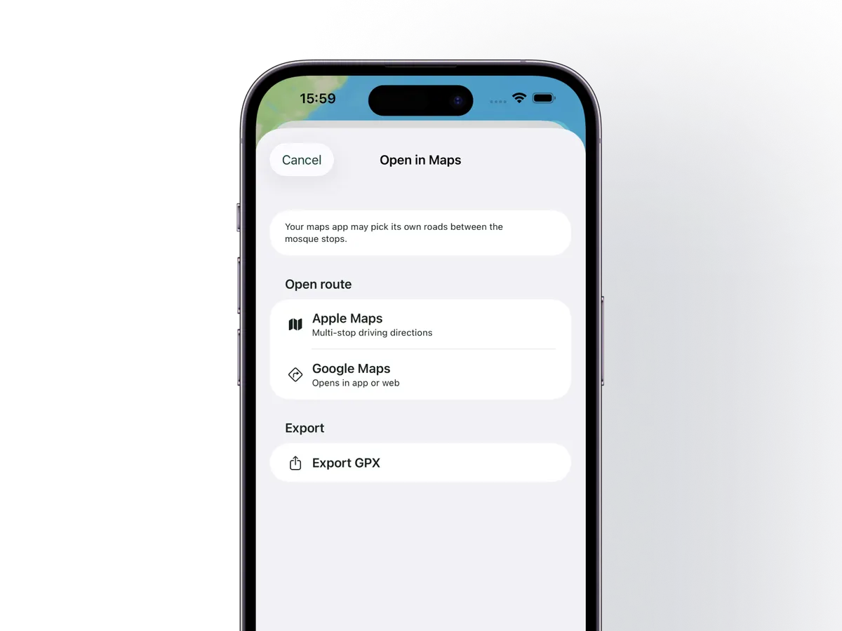 Sirat map handoff screen offering Apple Maps, Google Maps and GPX export.